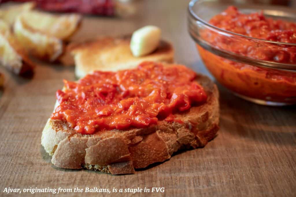 Ajvar spread on slices toast - culinary guide to Friuli Venezia Giulia