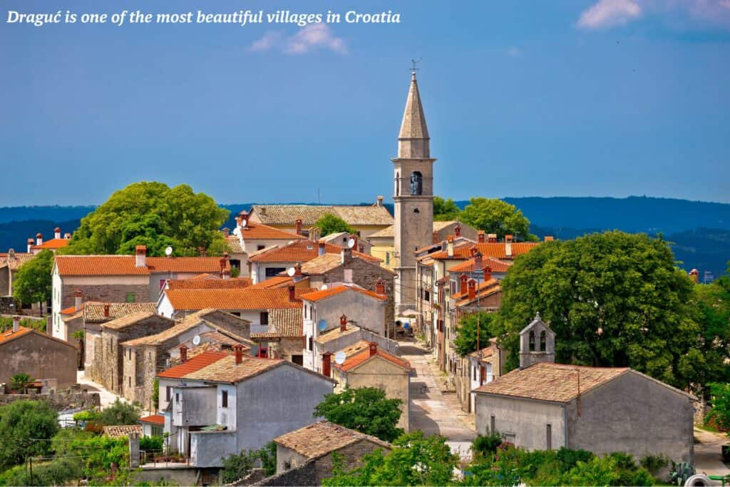 Buildings on Draguć in Croatia on a clear day - Istria's hilltop towns