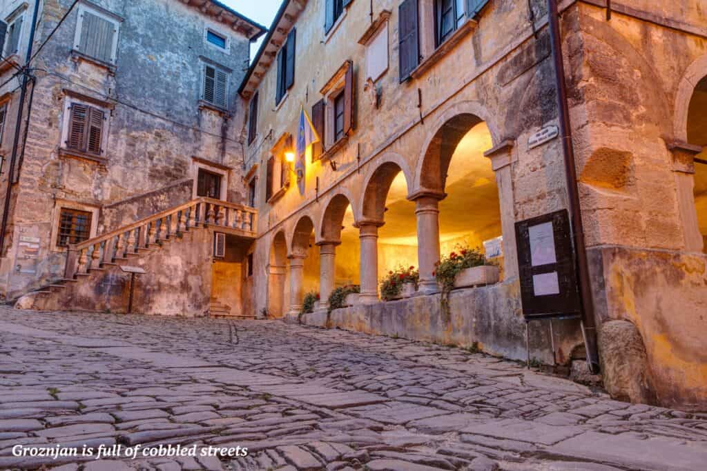 Cobbled street in Grožnjan in Croatia at dusk - Istria's hilltop towns