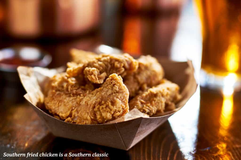 Southern fried chicken in cardboard container, Alabama food