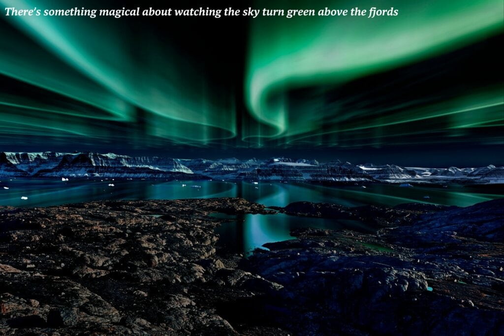 Northern lights above icebergs floating in a fjord - northern lights in Greenland