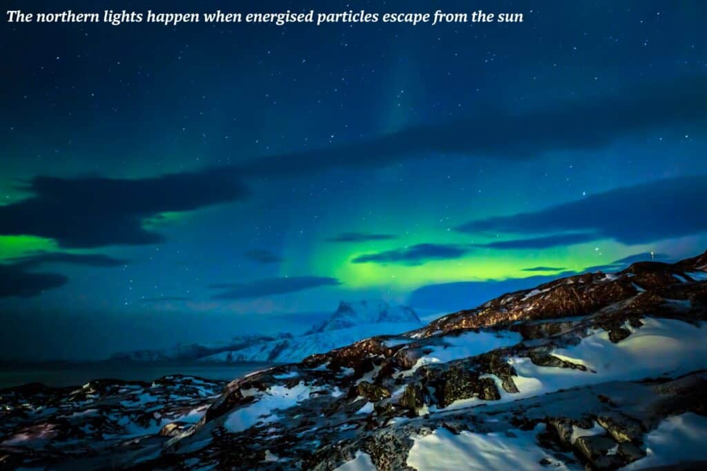 Northern lights above snowy mountains in Greenland - northern lights in Greenland