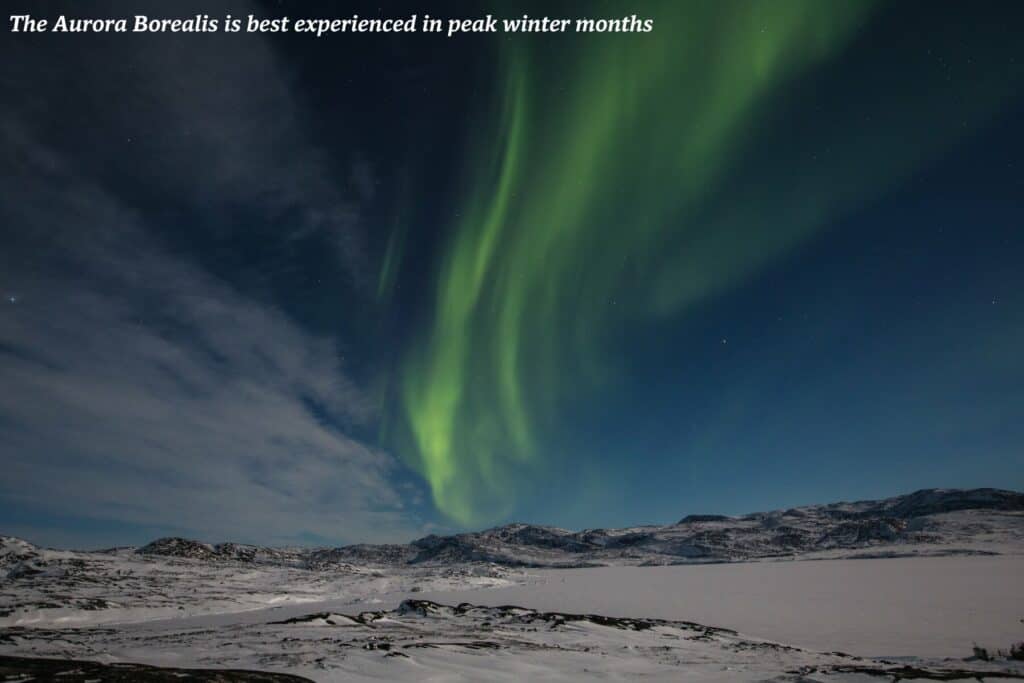 Aurora Borealis above the snow in rural Greenland - northern lights in Greenland