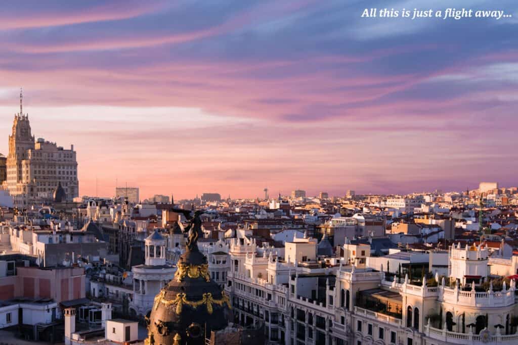 Madrid skyline in Spain at dusk -  reasons to visit Madrid 